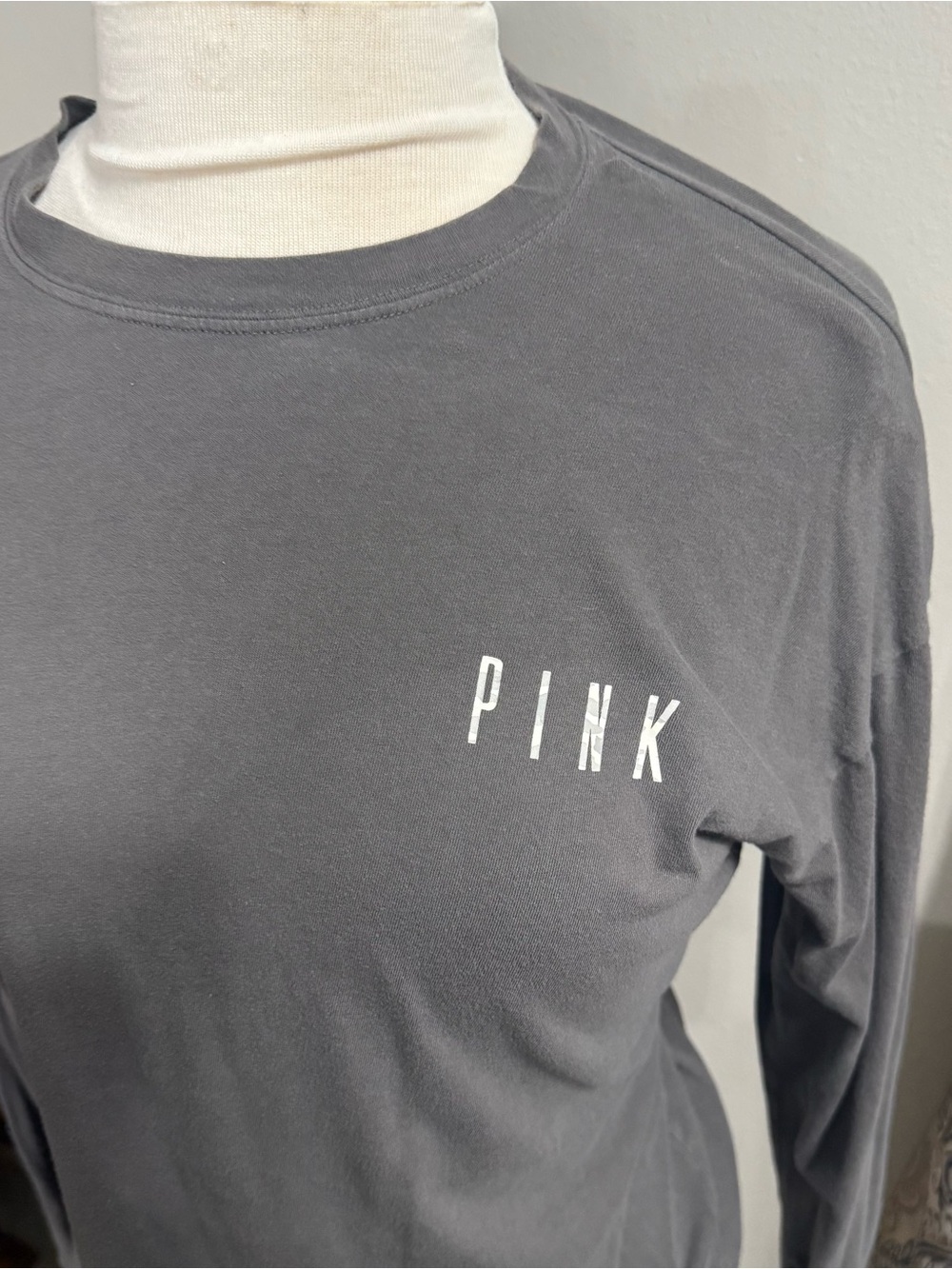 PINK Victoria's Secret Charcoal Long Sleeve Crewneck Tee with White Logo